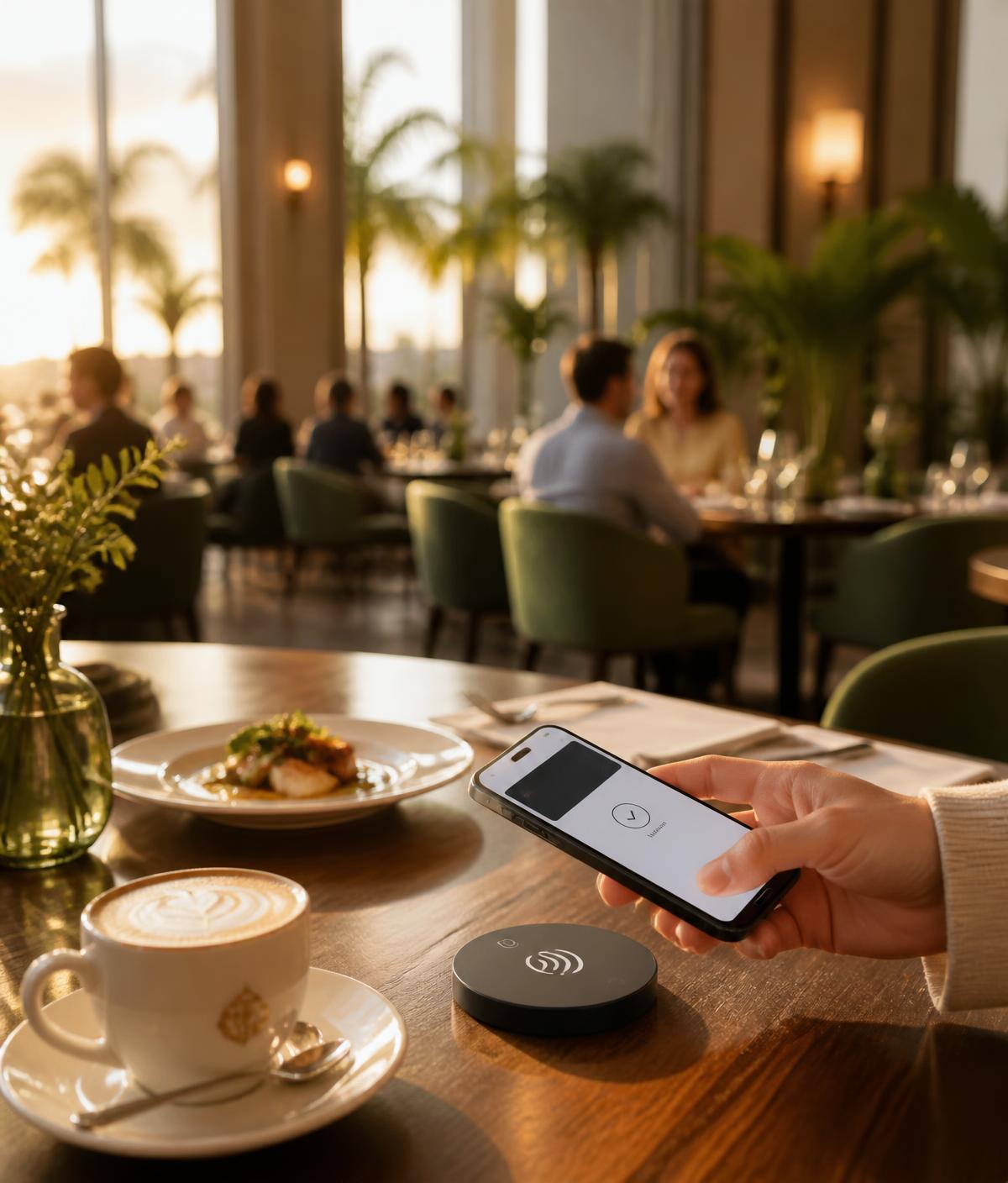 Comensal acercando su teléfono al punto NFC de DAFER TABLE en la mesa